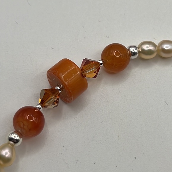 CORAL, FIRE AGATE, PEARL, CRYSTAL & STERLING SILVER ARTISAN CHOKER NECKLACE - Picture 7 of 11